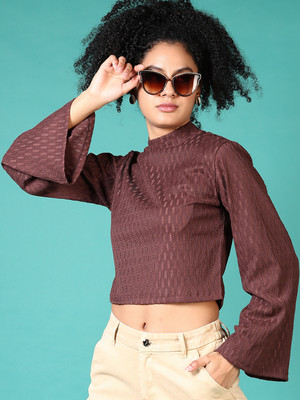 V-MART Casual Self Design Women Brown Top