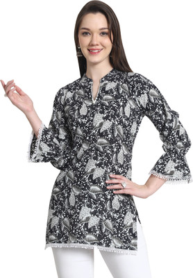 HouseOfCommon Women Printed Straight Kurta(Black, White)