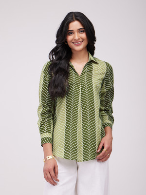 Pink Fort Casual Floral Print Women Green Top
