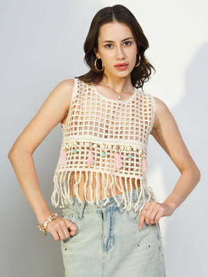 SHOWOFFFF Casual Self Design Women Beige Top