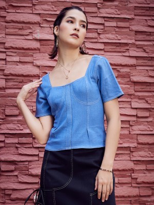 ATHENA Casual Solid Women Blue Top