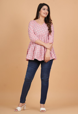 CLOTHI FAB Women Printed Flared Kurta(Pink)