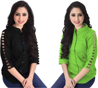 Padam Casual Self Design Women Black, Light Green Top