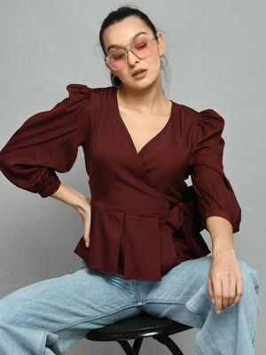 Azzurra Party Solid Women Maroon Top