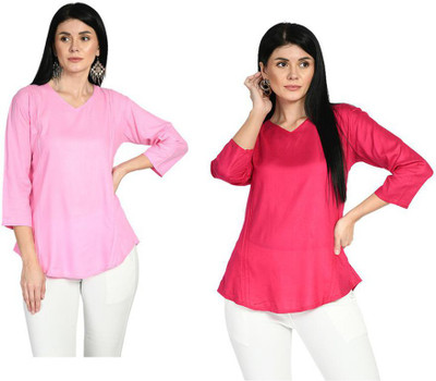 IndiWeaves Casual Solid Women Red, Pink Top