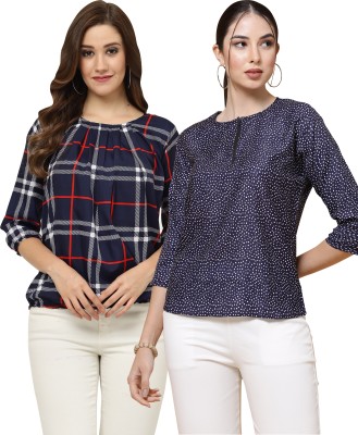 MISS AYSE Casual Printed, Checkered Women Dark Blue, White, Red Top