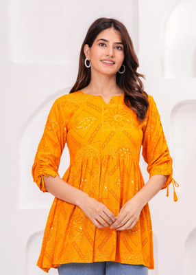 AKSHUNA Casual Chevron/Zig Zag, Printed Women Orange Top