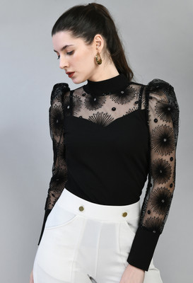 SAKSHI TRADER Casual Self Design Women Black Top