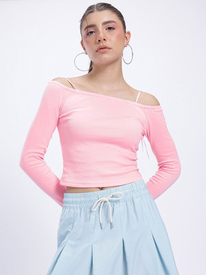 Glitchez Casual Solid Women Pink Top