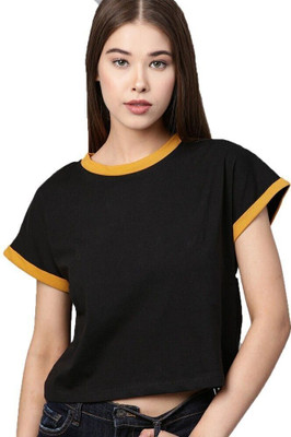 Styvibe Casual Short Sleeve Solid Women Black Top