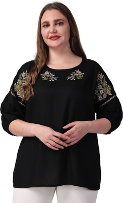VAAMII Casual Embroidered Women Black Top