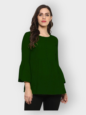 HouseOfCommon Casual Solid Women Dark Green Top