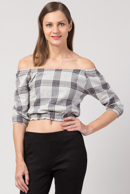 HouseOfCommon Casual Checkered Women Grey Top