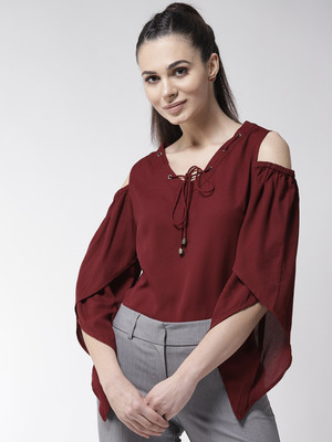 La Zoire Casual Cold Shoulder Solid Women Maroon Top