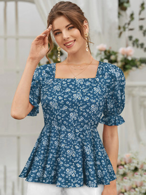 KERI PERRY Casual Floral Print Women Blue Top