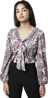 YU by Pantaloons Casual Floral Print Women Grey Top