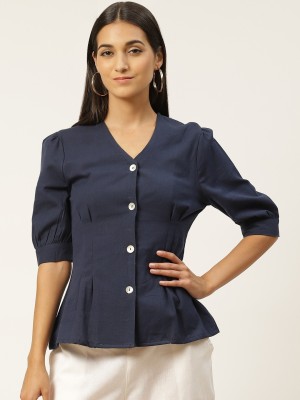 IQRAAR Casual Solid Women Blue Top