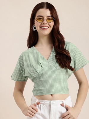 HERE&NOW Casual Checkered Women Green Top