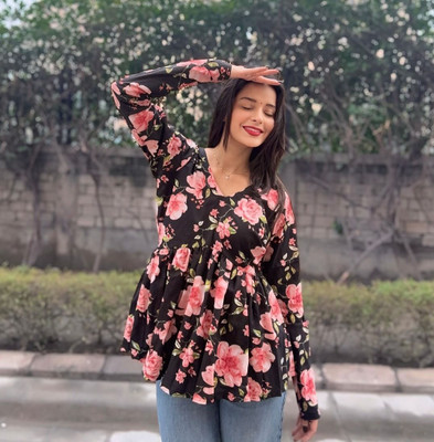 kleesi Casual Floral Print Women Black Top