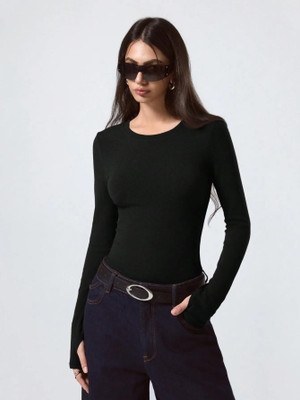 KOTTY Solid Women Round Neck Black T-Shirt
