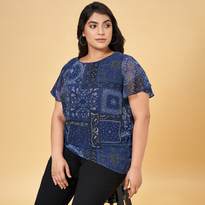 Honey Curvytude by Pantaloons Casual Printed Women Dark Blue Top