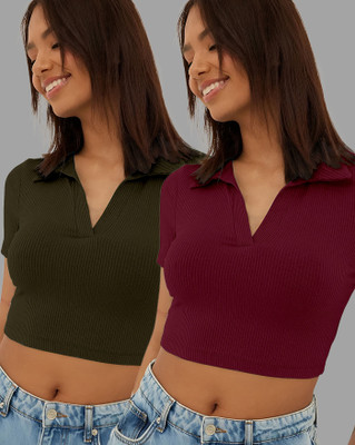 ENITOR Casual Self Design Women Dark Green, Maroon Top