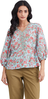 Fabindia Party Printed Women Blue Top