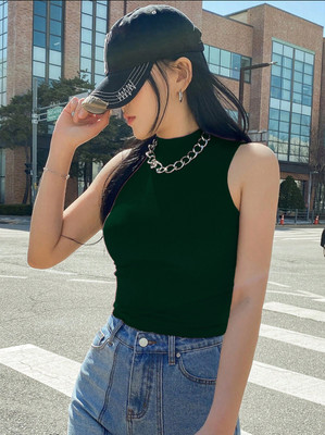 KOTTY Solid Women High Neck Dark Green T-Shirt