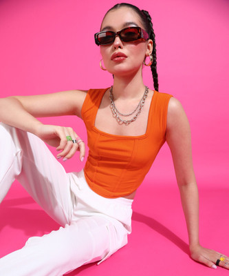 POPWINGS Casual Solid Women Orange Top