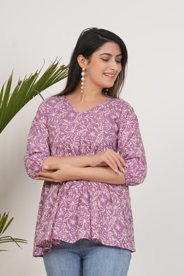 Monique Women Floral Print Tunic Kurta(Blue, Grey)