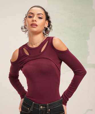 Tokyo Talkies Casual Solid Women Brown Top