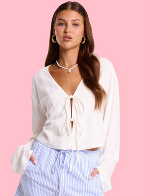 HouseOfCommon Casual Solid Women White Top