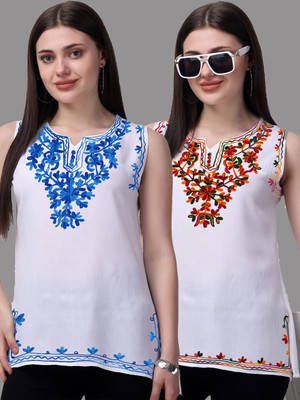 aakrushi Casual Embroidered Women Multicolor, White Top