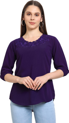 GO.4.IT Casual 3/4 Sleeve Embroidered Women Purple Top