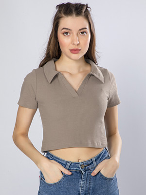Tickled Pink Casual Solid Women Beige Top