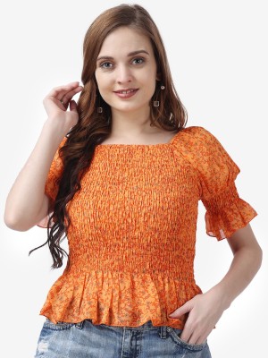 POPWINGS Casual Printed Women Orange Top