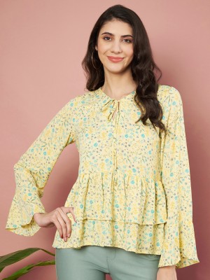 SLENOR Casual Floral Print Women Yellow Top