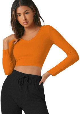 THE BLAZZE Casual Solid Women Orange Top