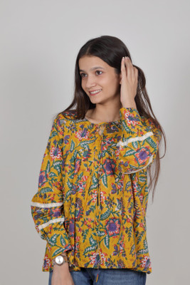 Divadrobe Casual Floral Print, Printed Women Multicolor, Yellow Top