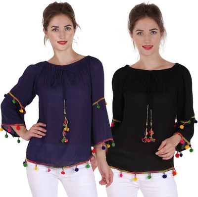 Emeros Casual Full Sleeve Self Design Women Blue, Black Top