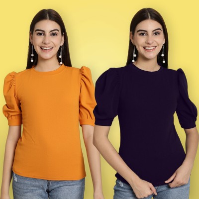 METRONAUT Casual Solid Women Purple, Yellow Top