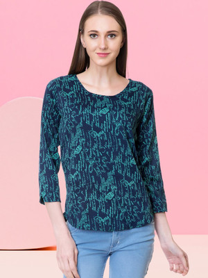 Tejash Fashion Casual Color Block Women Blue, Green Top
