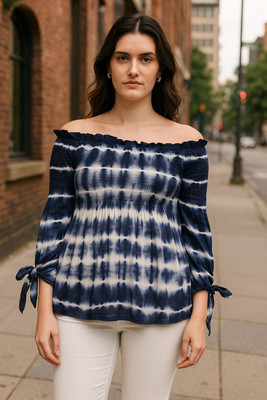 CLOTHINK India Casual Tie & Dye Women Dark Blue Top