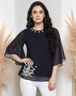 PANNKH Casual Embroidered Women Dark Blue Top