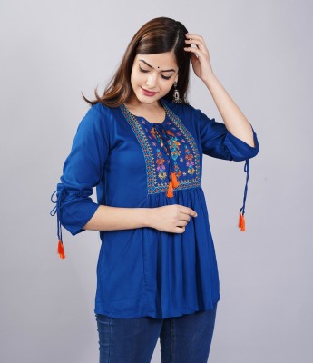 ERT IRAWAT Casual Embroidered Women Blue Top