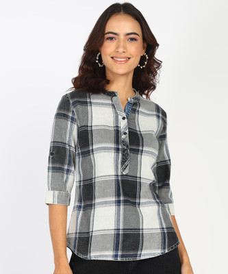 MONTE CARLO Casual Checkered Women Dark Blue Top