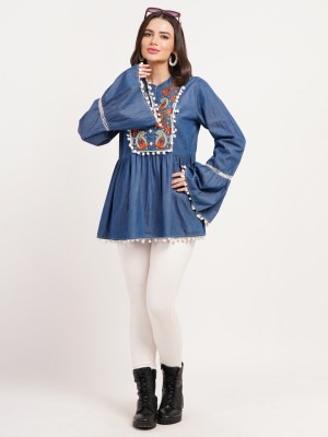 Hi Fashion Casual Embroidered Women Blue Top