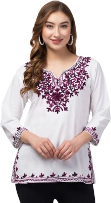 NAIDA Casual Embroidered Women White Top