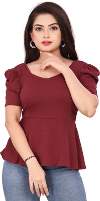 CRYSTON Casual Solid Women Maroon Top