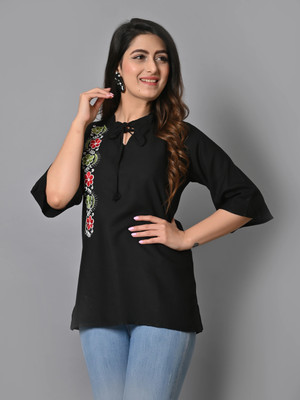 IQRAAR Casual Embroidered Women Black Top